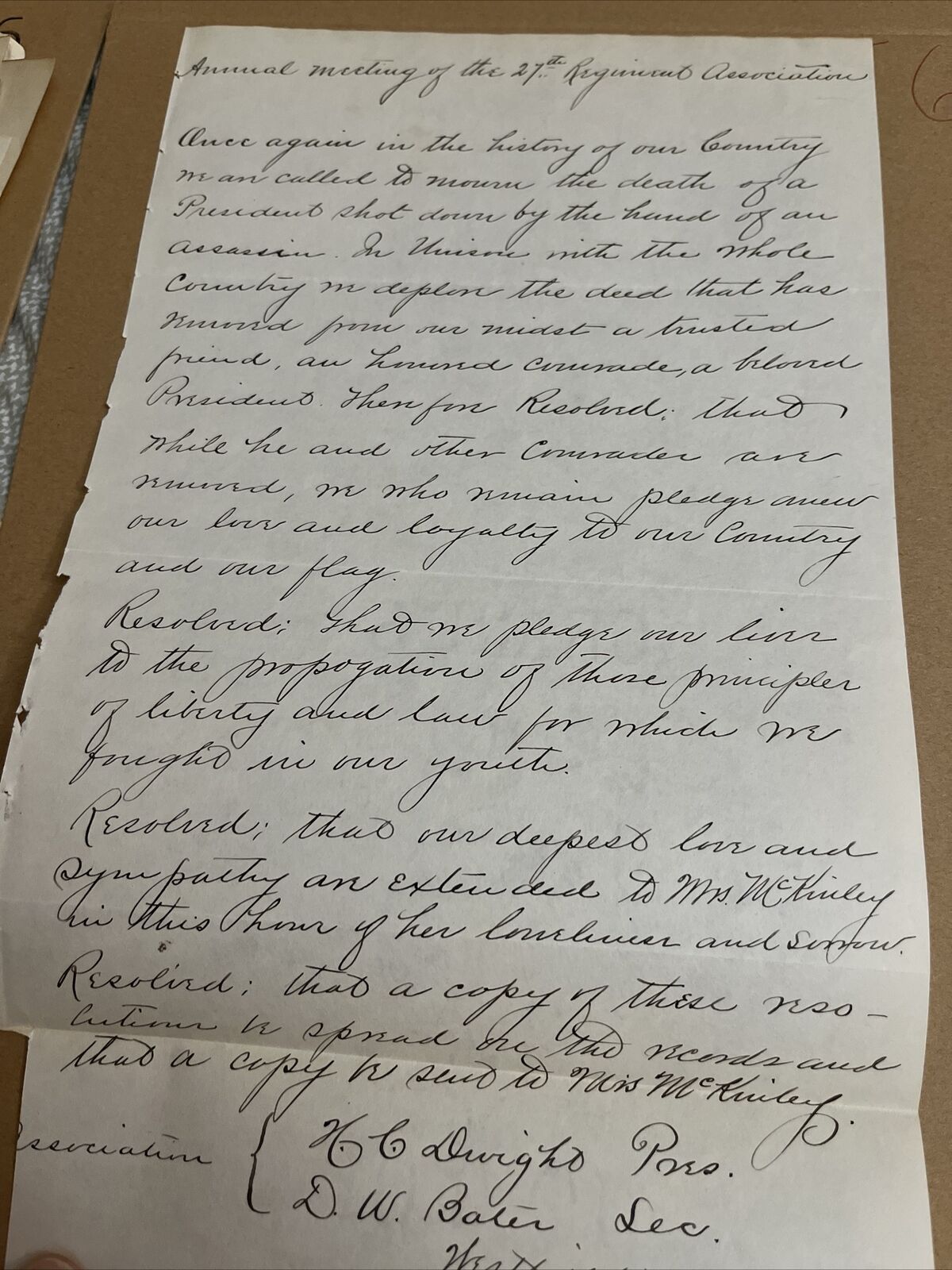 1901 27th Regiment Association Westfield MA Resolution on McKinley Assassination