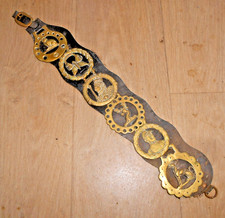 VICTORIAN HARNESS HORSE BRASSES 6 X MEDALLIONS ON LEATHER STRAP W/ CAT BUTTERFLY picture