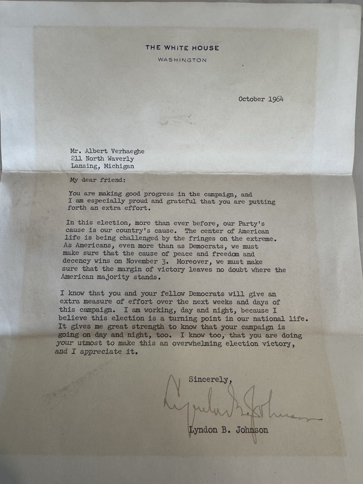 lyndon johnson signed Letter 1964.