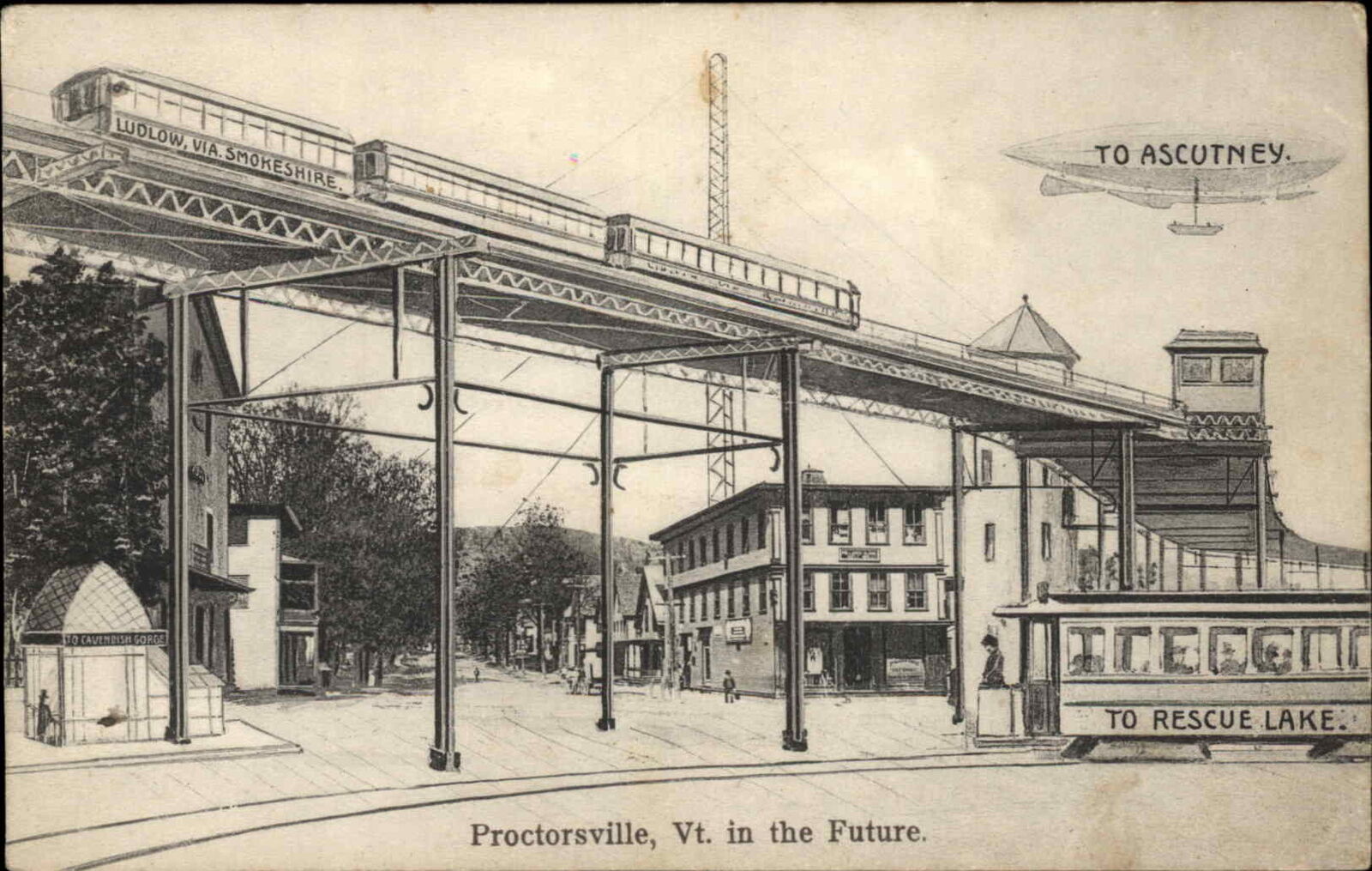 Proctorsville VT in the Future Fantasy Transportation c1910 Postcard