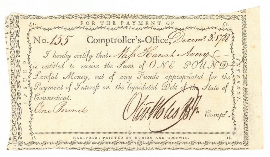 1788-89 dated Oliver Wolcott signed Payment Notice - Connecticut - American Revo