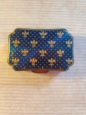 Stratton Fleur-De-Lis Blue Top Gold Tone Metal Pill/Trinket Box Made in England picture