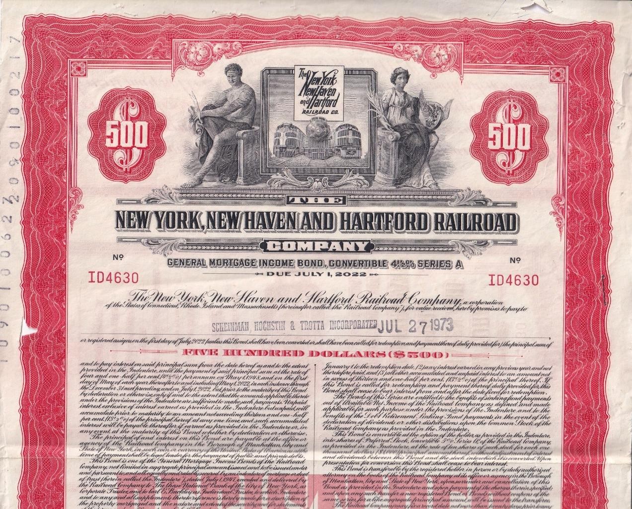 1957 New York, New Haven & Hartford Railroad- 4 1/2% Mortgage Bond for $500 1957 New York, New Haven & Hartford Railroad- 4 1/2% Mortgage Bond for $500