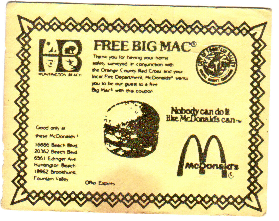 McDonalds Huntington Beach vintage coupon for FREE BIG MAC (still good?)