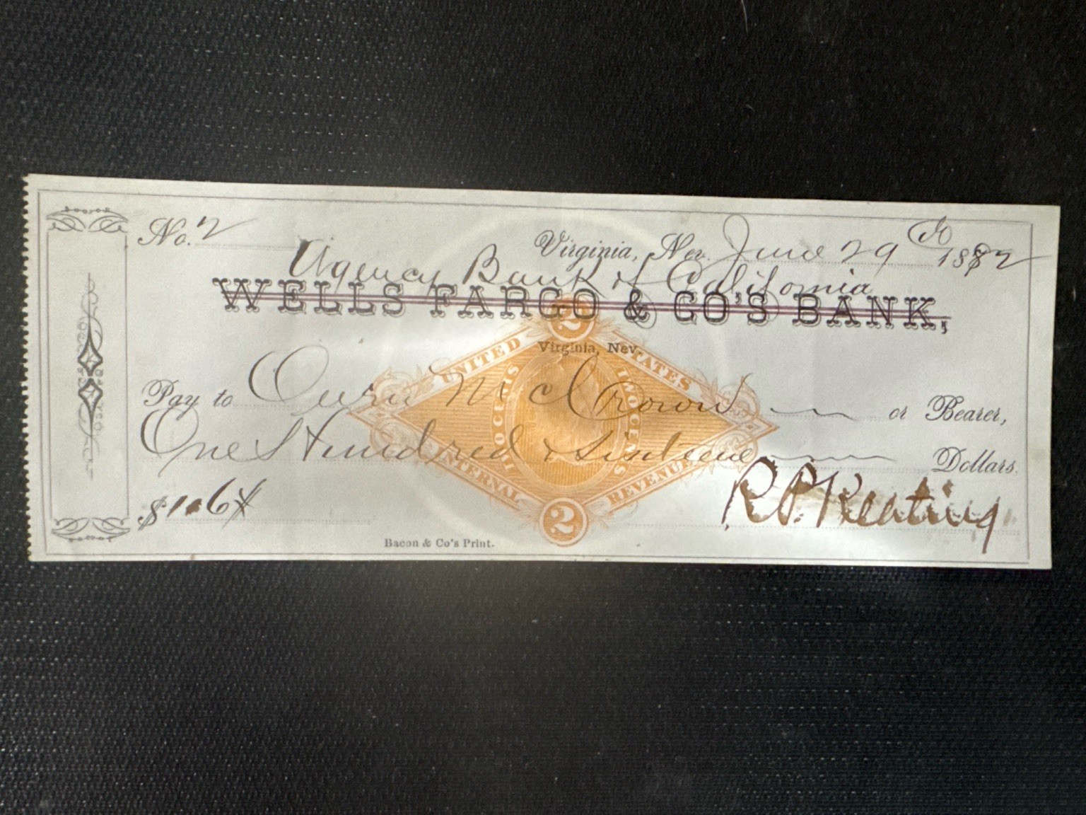 1882 Virginia City Nevada Bank of California $164 Check R.P. Keating Comstock 1882 Virginia City Nevada Bank of California $164 Check R.P. Keating Comstock