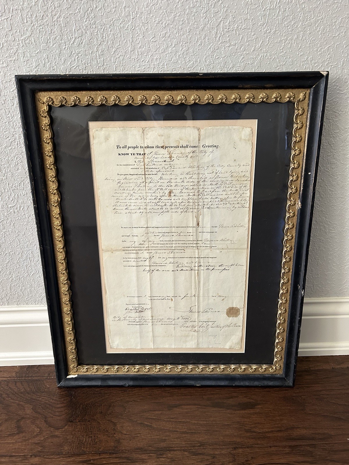 ORIGINAL 1830 Norwich CONNECTICUT Land Grant Orig frame Signed by James Lanman