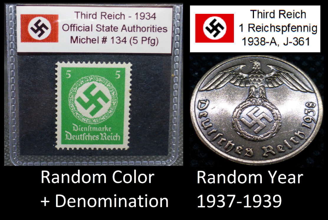 Nazi 1 Reichspfennig Coin and Swastika Stamp Set Third Reich WW2 Germany Lot