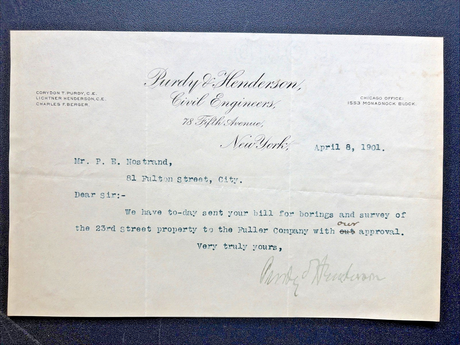 1901 Purdy & Henderson Fuller Co NYC 23rd St Borings Survey Nostrand Letter 1901 Purdy & Henderson Fuller Co NYC 23rd St Borings Survey Nostrand Letter