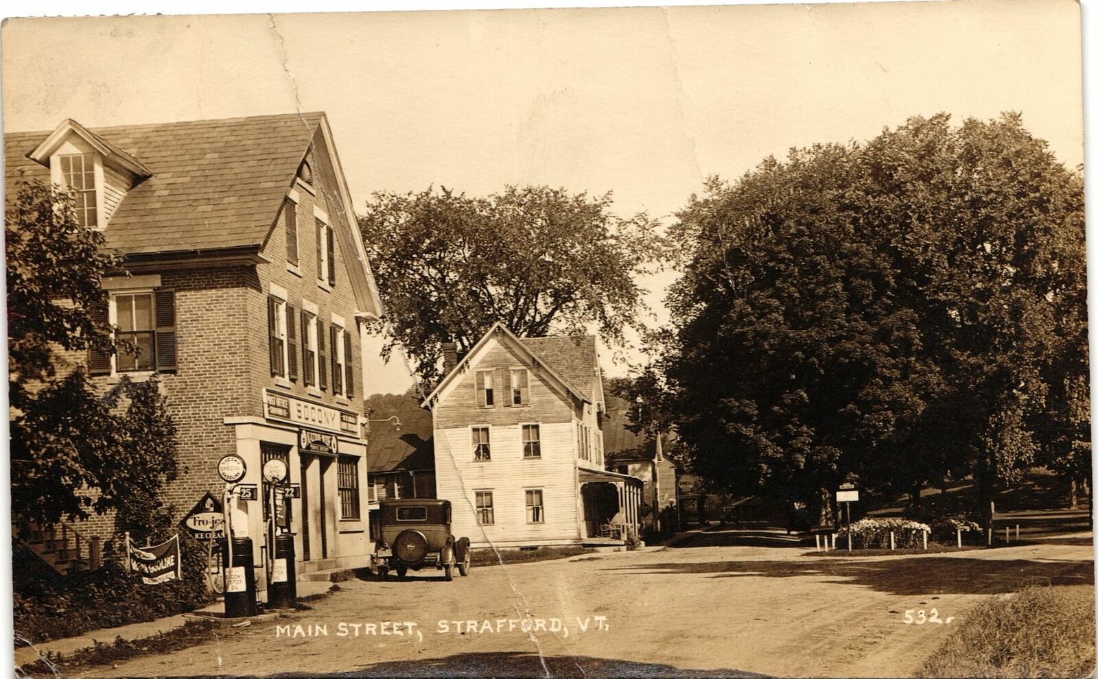 DIRT ROAD MAIN STREET GAS STATION real photo postcard rppc STRAFFORD VT 1910s
