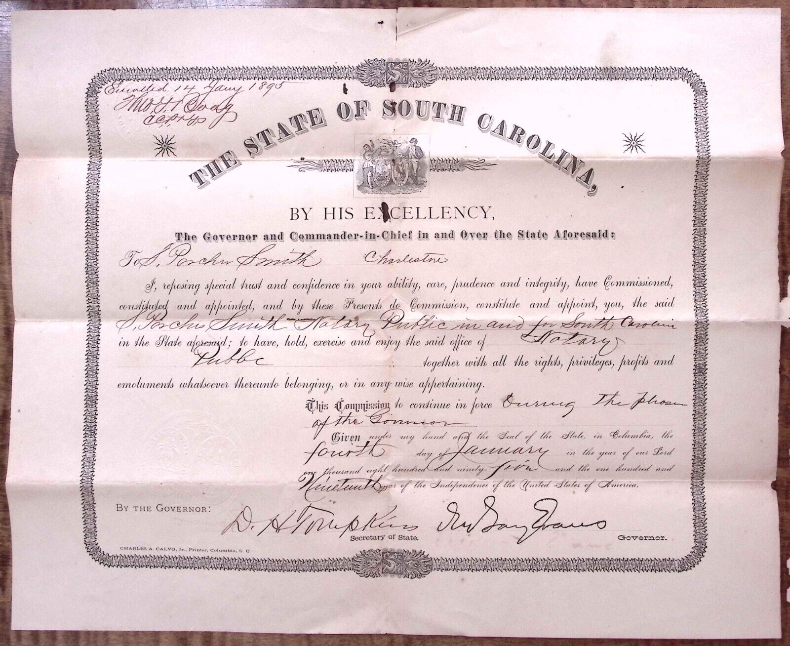 1895 SOUTH CAROLINA GOVERNOR SIGNED CHARLESTON NOTARY APPOINTMENT Z4741