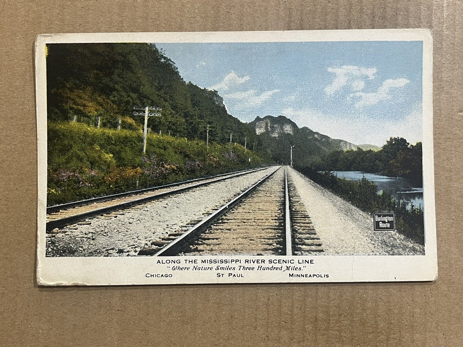 Postcard Burlington Route Railroad Tracks Mississippi River Scenic Line Vintage