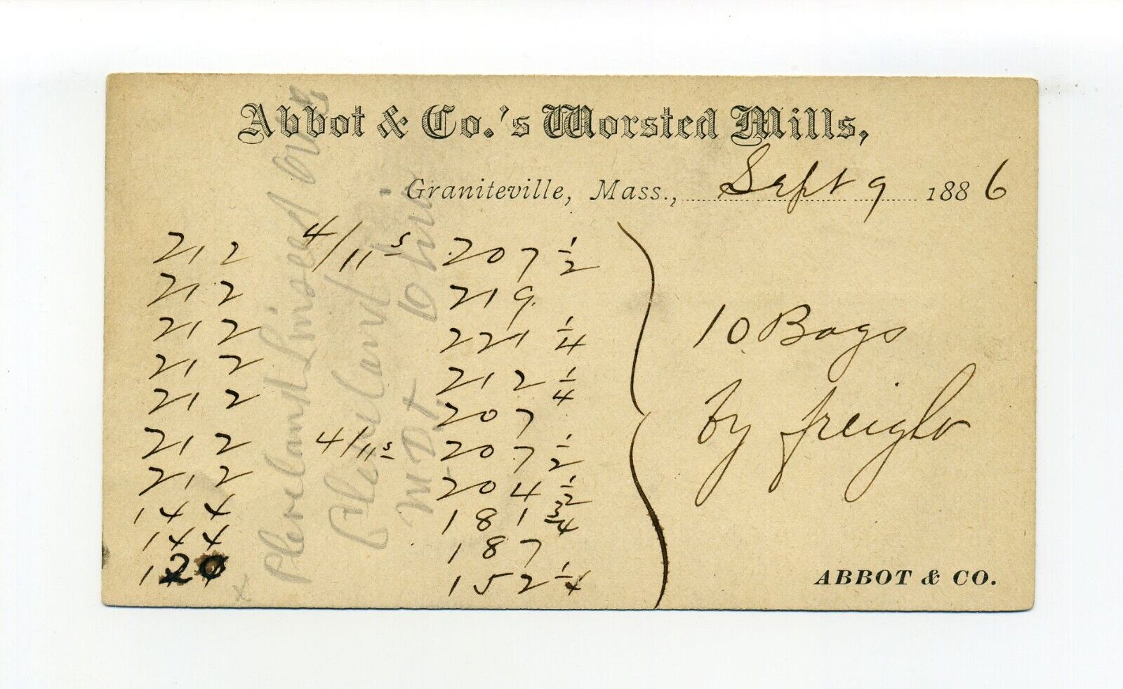 Graniteville, Westford MA Mass 1886 postcard Abbot & Co Worsted Mills, bag order