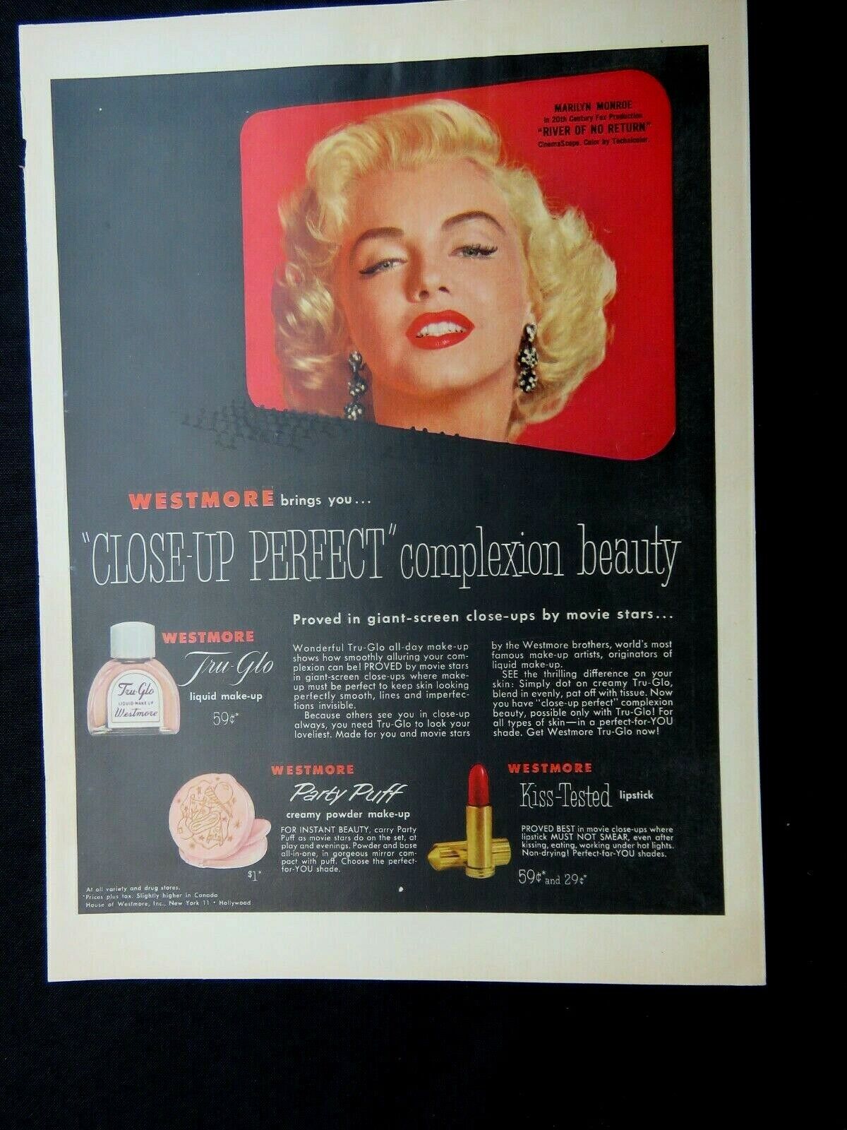 Original 1954  Marilyn Monroe Westmore PRINT AD Cosmetics RARE 