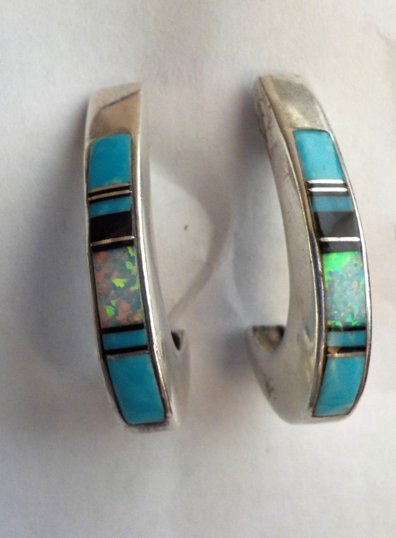 Calvin ?, Navajo, Multi stone Inlay Hoop Stud Earrings, Turquoise, Opal, Jet