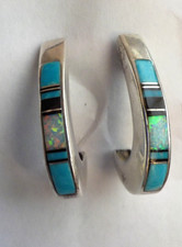 Calvin ?, Navajo, Multi stone Inlay Hoop Stud Earrings, Turquoise, Opal, Jet picture