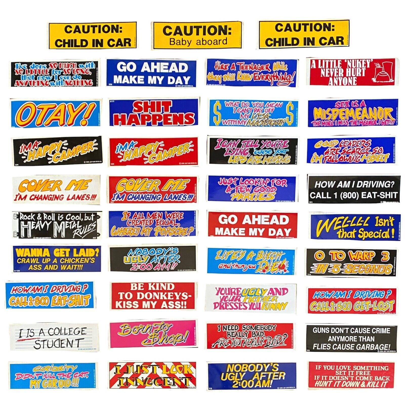 vintage 1980s novelty bumper stickers (NOT A LOT, ALL STICKERS SOLD SEPARATELY)