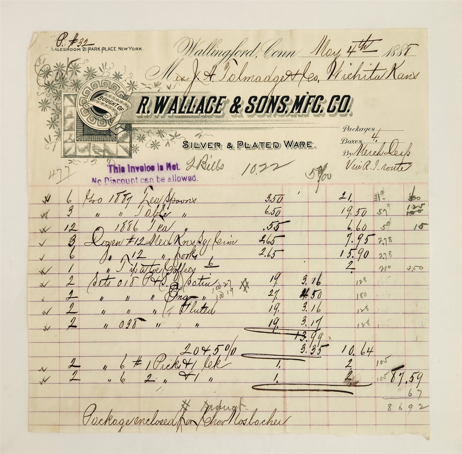 1885 antique R WALLACE & SONS MFG CO wallingford ct SILVER PLATED WARE invoice 1885 antique R WALLACE & SONS MFG CO wallingford ct SILVER PLATED WARE invoice