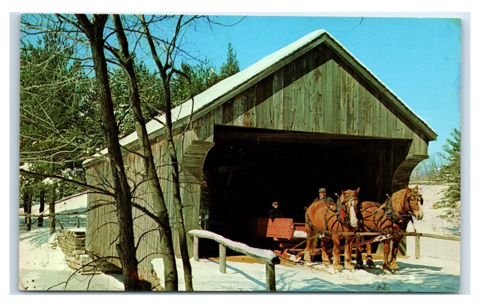 Postcard Covered Bridge from Dummerston VT horse sleigh T84