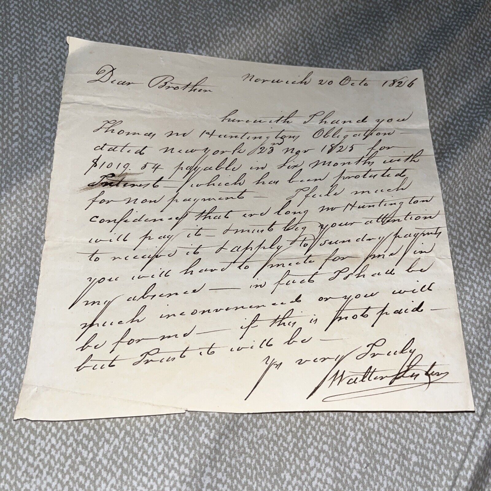 1826 Pre Civil War Era Captain Walter Lester in Norwich CT Letter to Brother