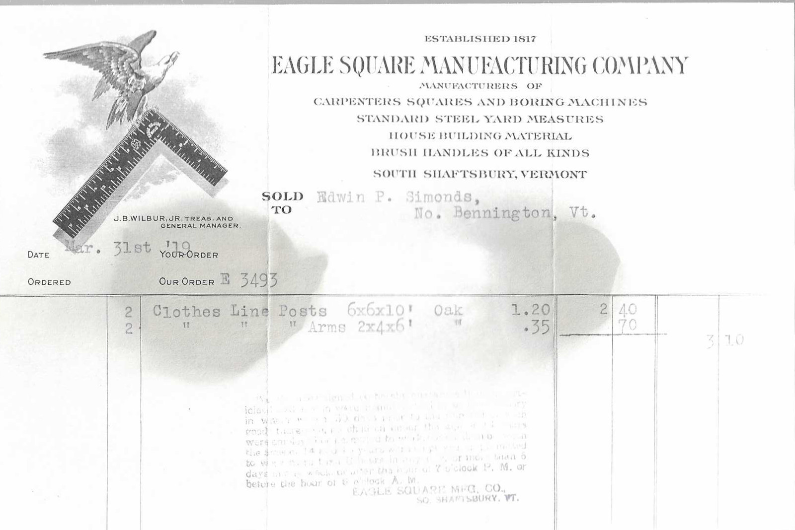 South Shaftsbury Vermont Eagle Square Manufacturing Co 1919 Billhead & Envelop South Shaftsbury Vermont Eagle Square Manufacturing Co 1919 Billhead & Envelop