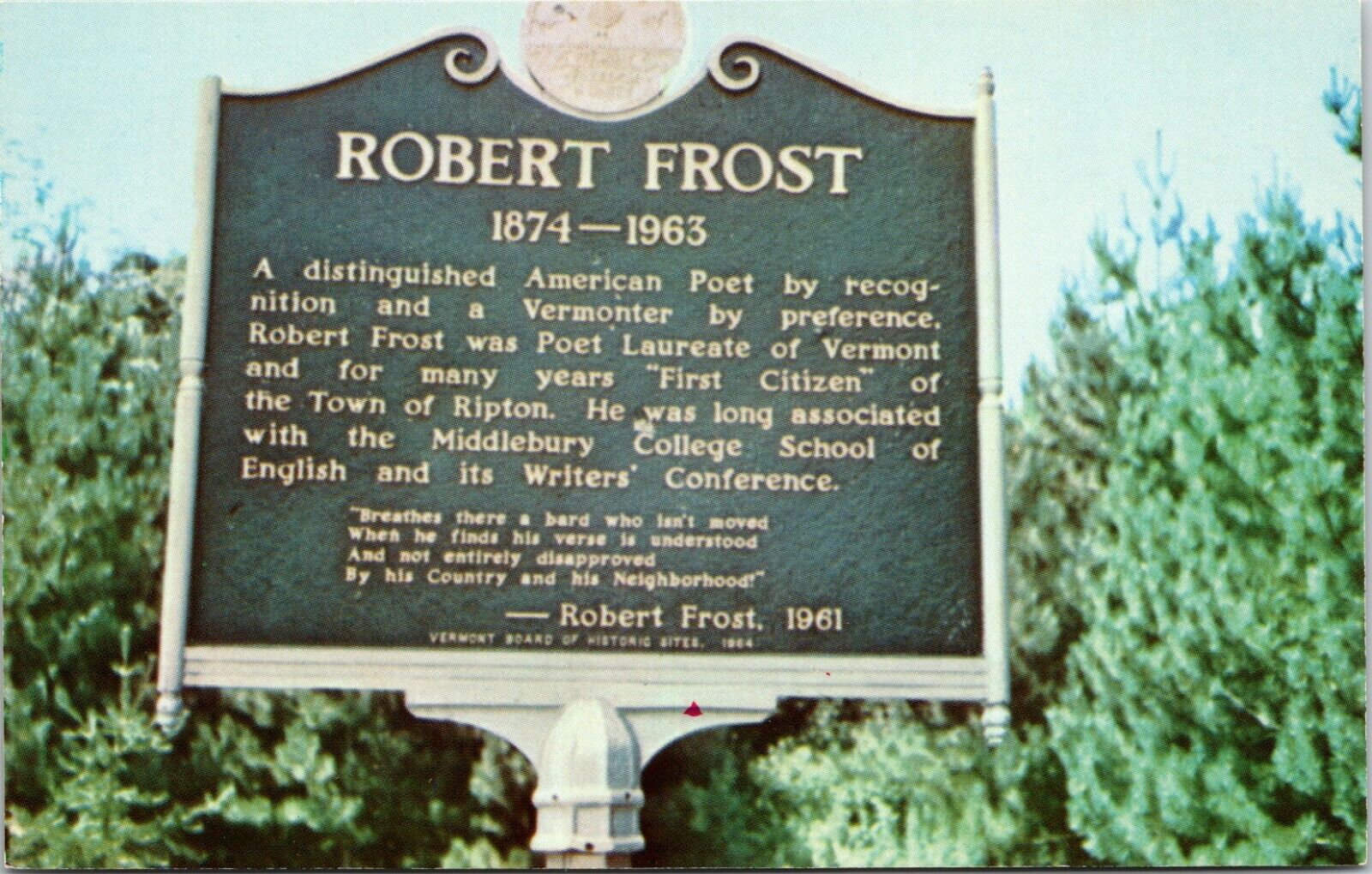 Robert Frost Marker Middlebury College Ripton Vermont Vintage Postcard