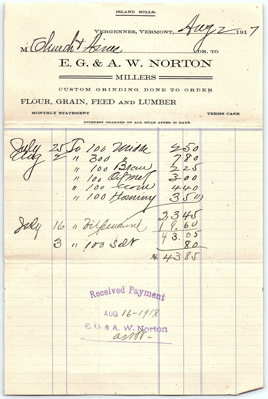 1917 Vergennes, VT Millers billhead, E. G. & A. W. Norton