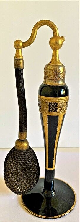 1926 DeVilbiss Black Cambridge Glass Perfume Atomizer Art Deco Gold Decoration.