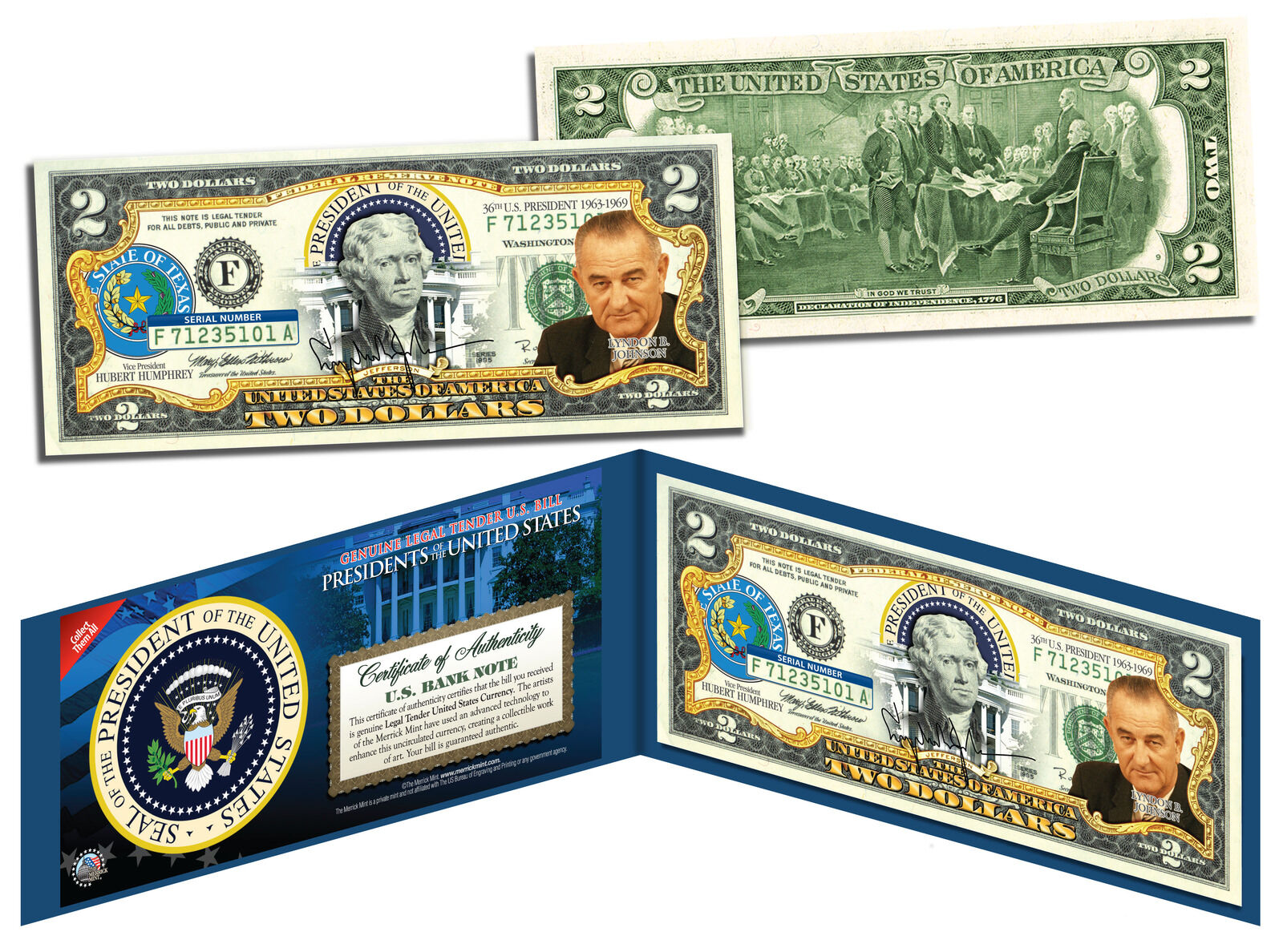 LYNDON B JOHNSON * 36th U.S. President * Colorized $2 Bill Genuine Legal Tender