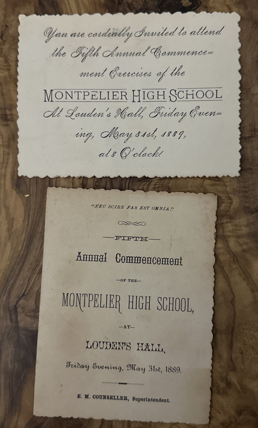 1889 Montpelier High School Fifth Annual Commencement Programme Louden’s Hall