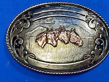 3 Horse Heads LARGE Black boarder belt buckle Comstock silversmiths 122 Grams  picture