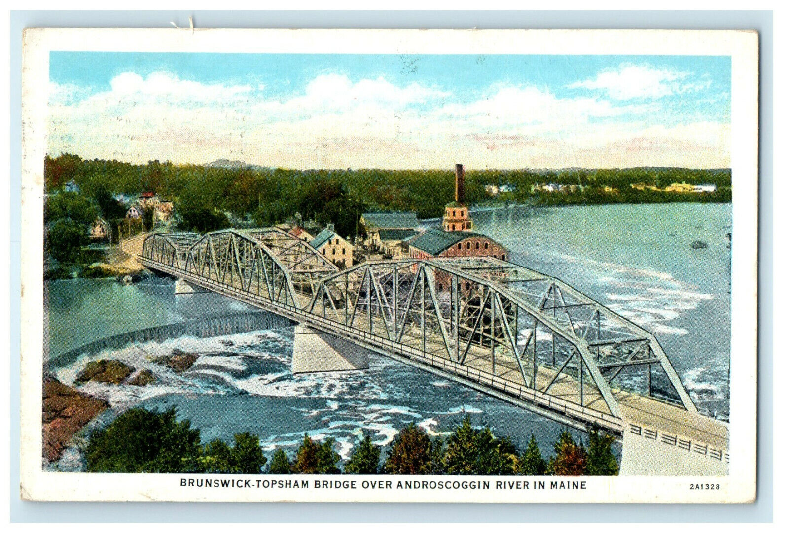 1934 Topsham Bridge, Androscoggin River, Brunswick Maine ME Antique Postcard