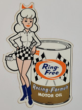 1960's MACMILLAN RING FREE RACING MOTOR OIL Original STICKER DECAL Car Girl RARE picture