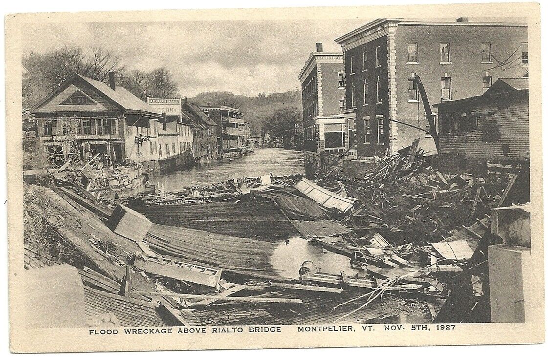 Postcard  VT Montpelier 1927 Flood Damage Rialto Bridge 1927 A D Garage
