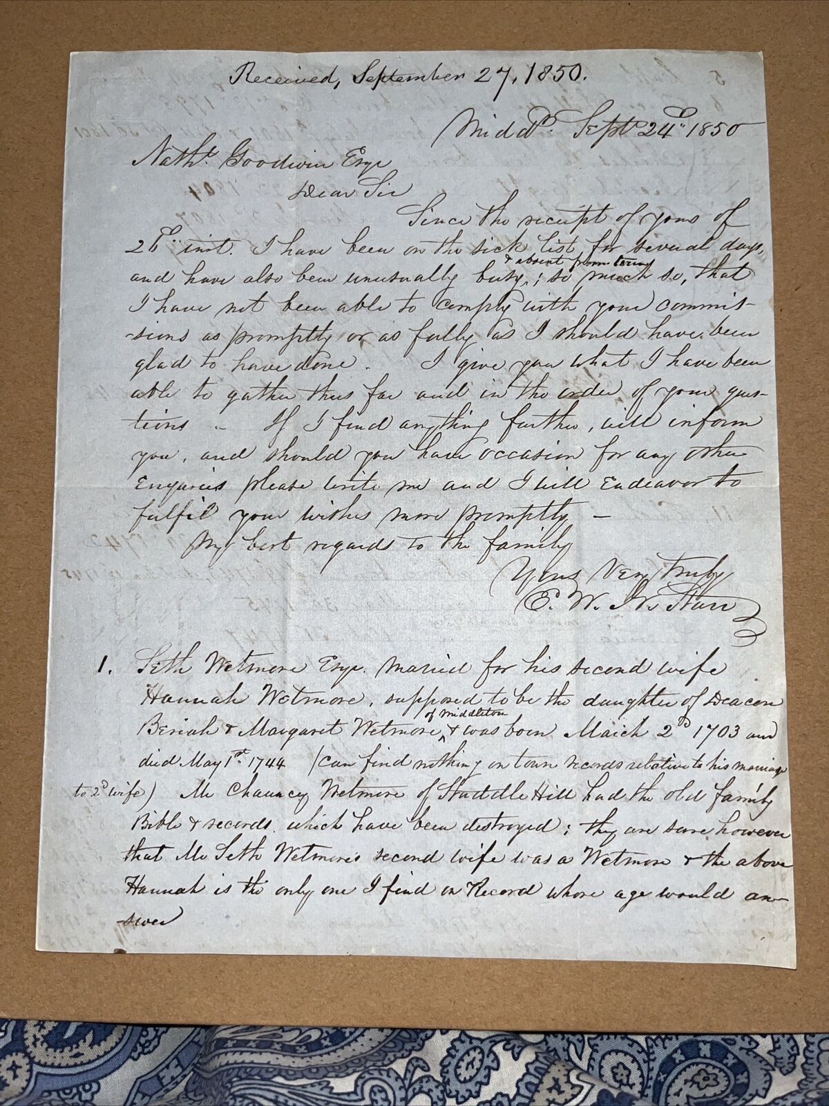 1850 Middletown CT Genealogy Letter: Judge Seth Wetmore Captain Joseph Alsop