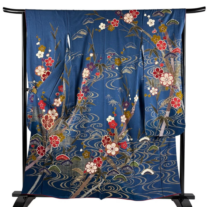 Vintage Japanese Silk Furisode Kimono – Indigo Pine Bamboo Plum Vintage Japanese Silk Furisode Kimono – Indigo Pine Bamboo Plum