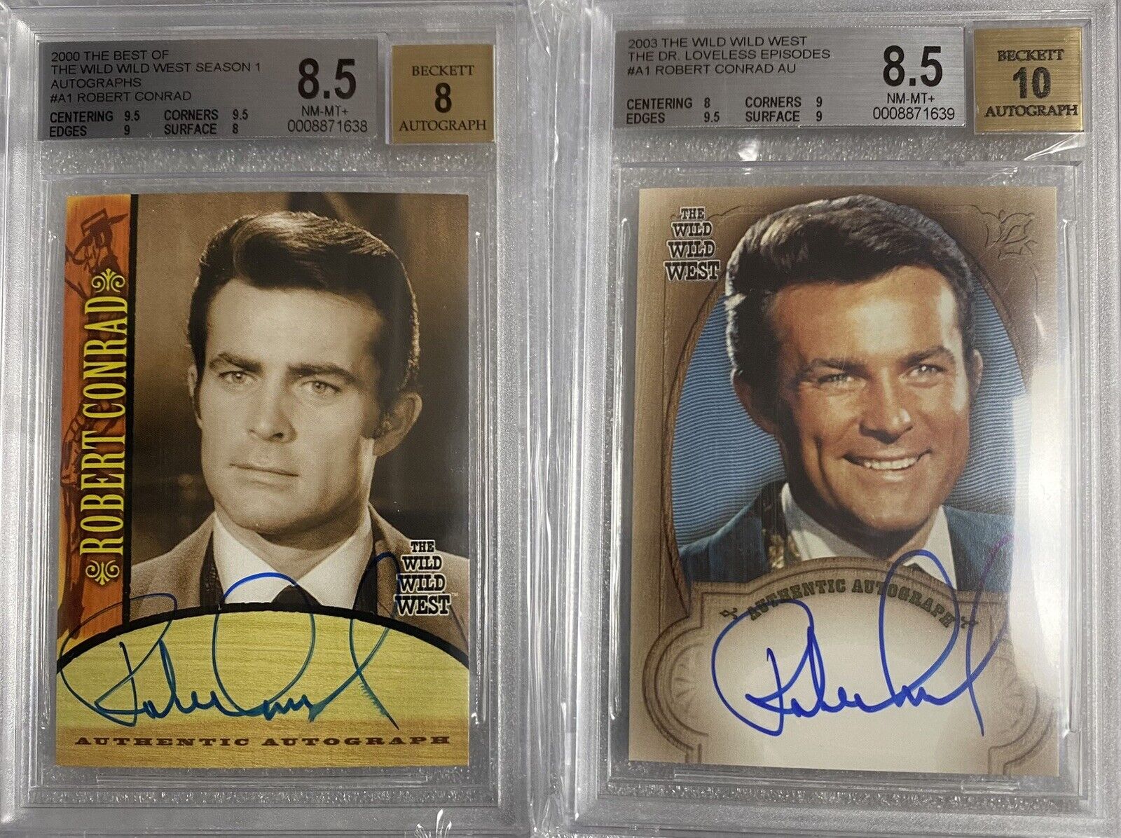 2 Wild Wild West Robert Conrad Autograph Cards - 2000 A1 and 2003 A1 - BGS 8.5