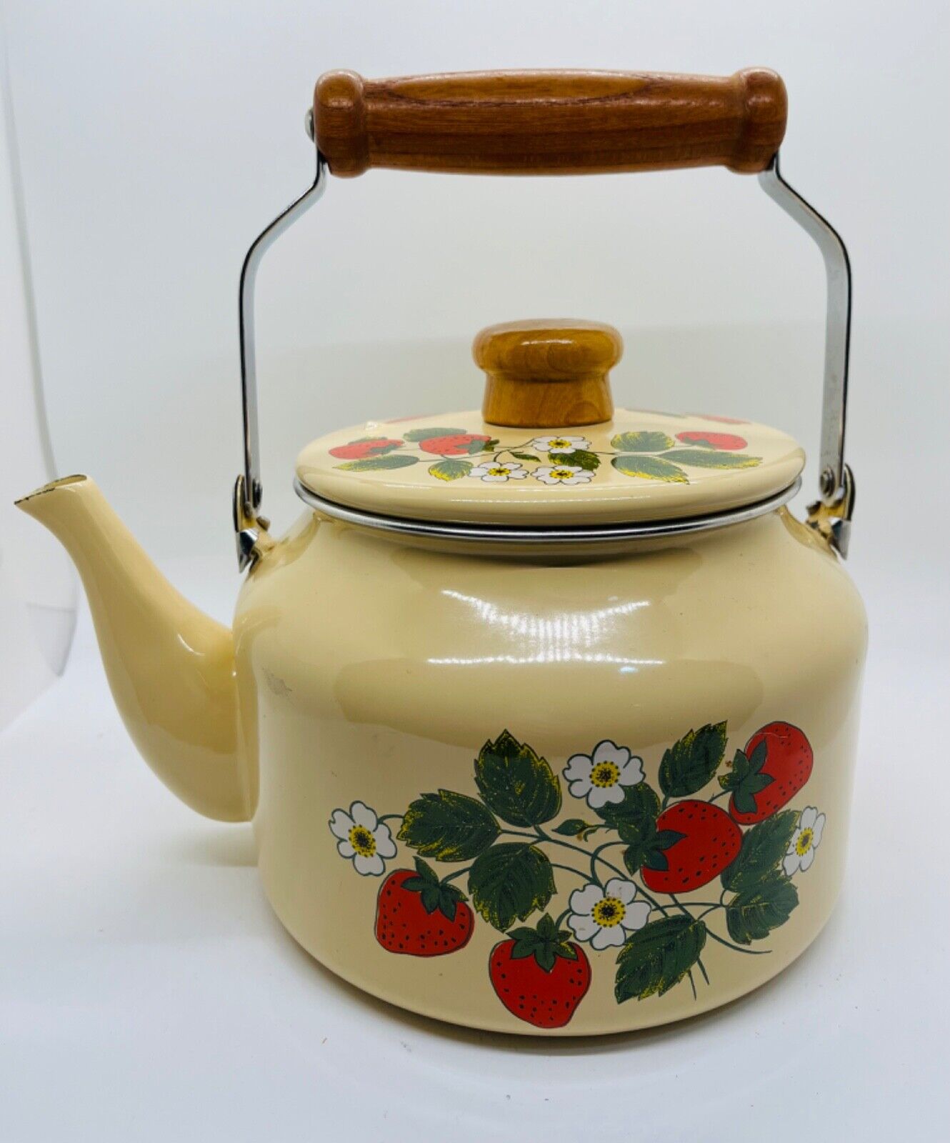 Vintage Strawberry Enamel over Metal Teapot Japan Fraise 1981 Gailstyn-Sutton