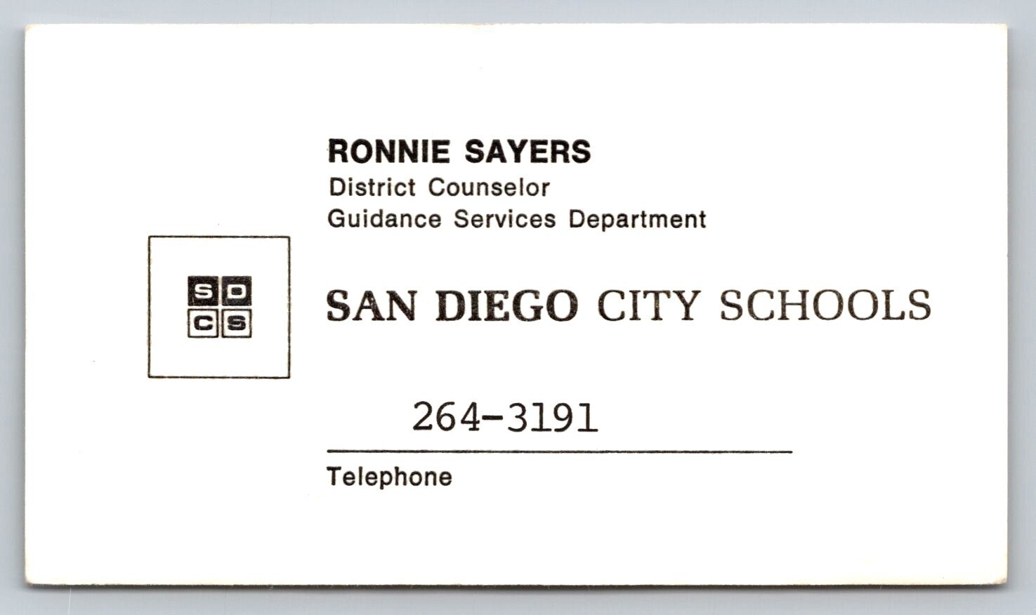 Vintage Business Card Ronnie Sayers San Diego City Schools Counselor California Vintage Business Card Ronnie Sayers San Diego City Schools Counselor California