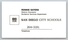Vintage Business Card Ronnie Sayers San Diego City Schools Counselor California picture