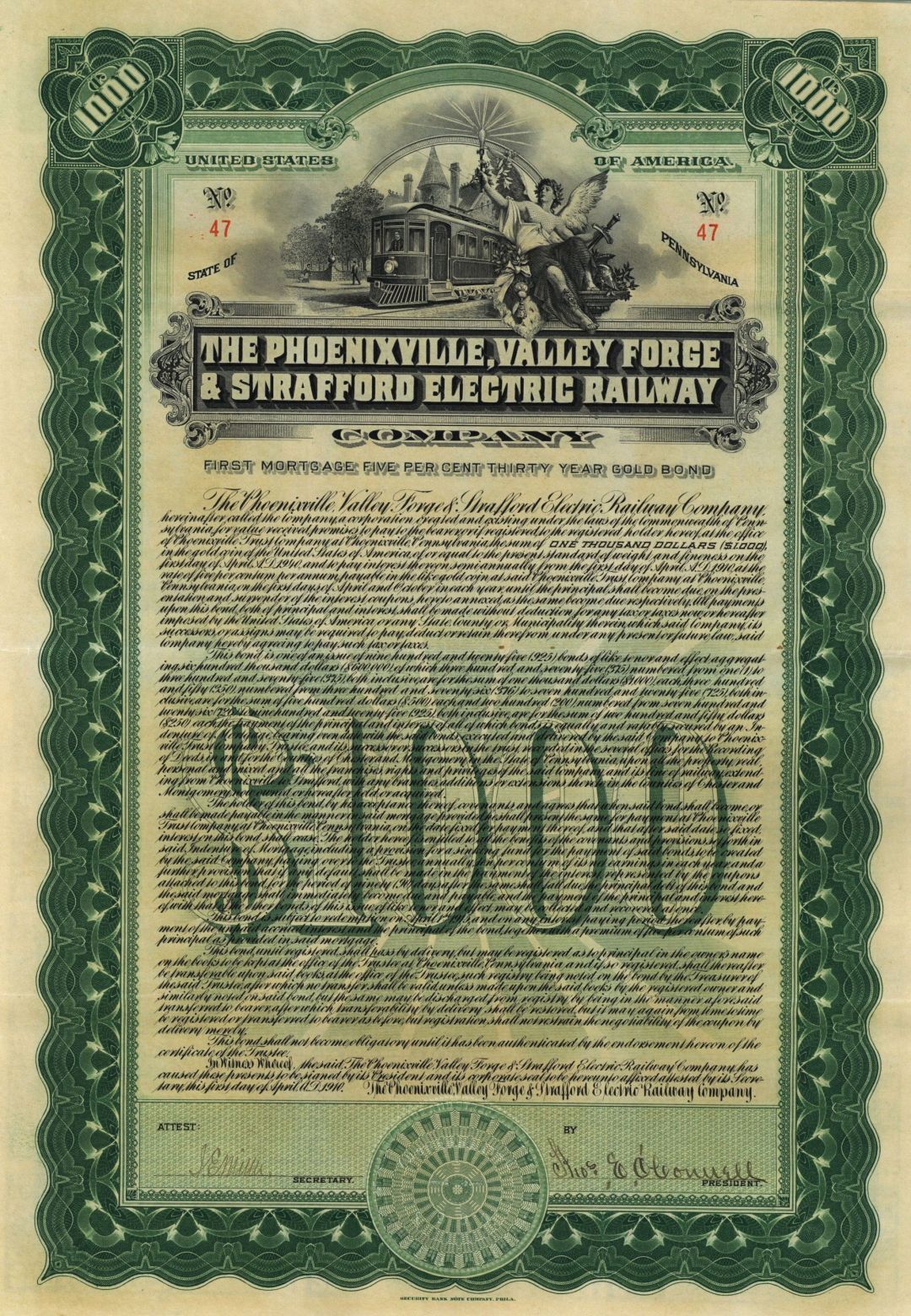Phoenixville, Valley Forge and Strafford Electric Railway - $1,000 Green Uncance