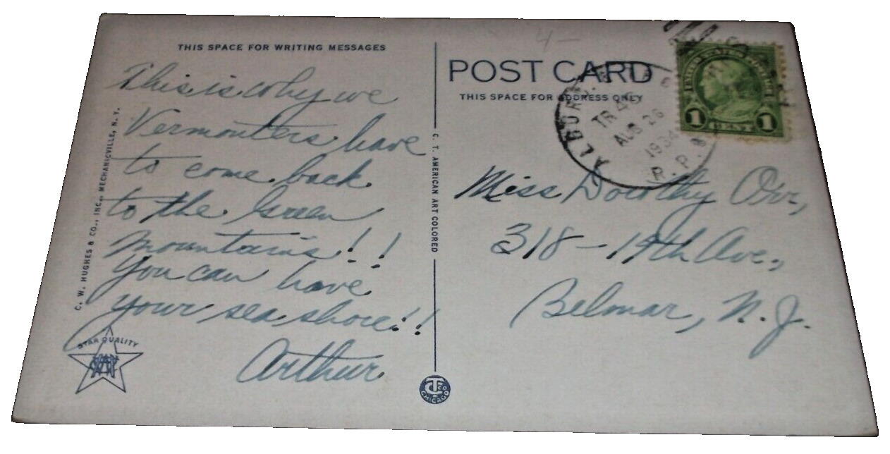 AUGUST 1934 RUTLAND RAILROAD TRAIN #46 ALBURGH & TROY RPO HANDLED POST CARD