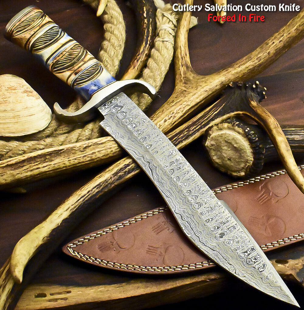 Hand Made Damascus Steel Blade Bowie Hunting Knife | Camel Bone