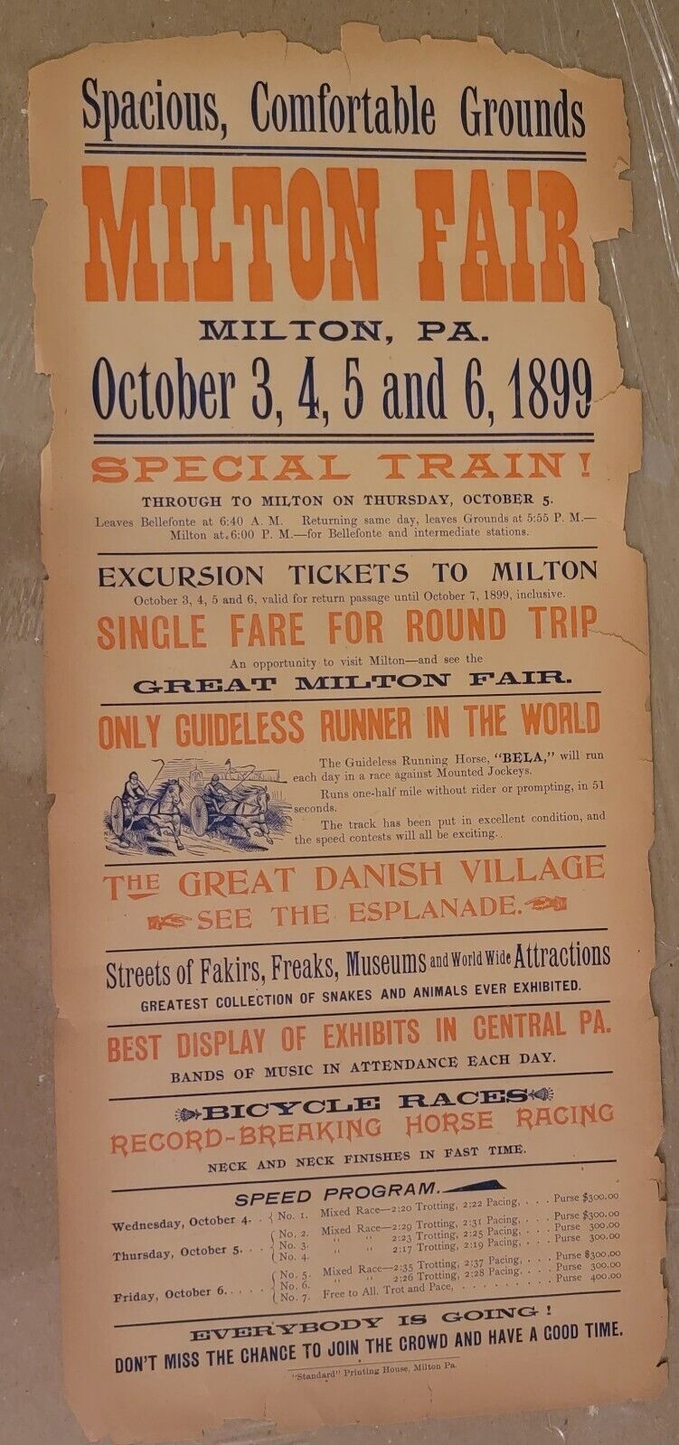 RARE MILTON PA 1899 Fair Train  Advertising Paper Bellefonte horse races freaks
