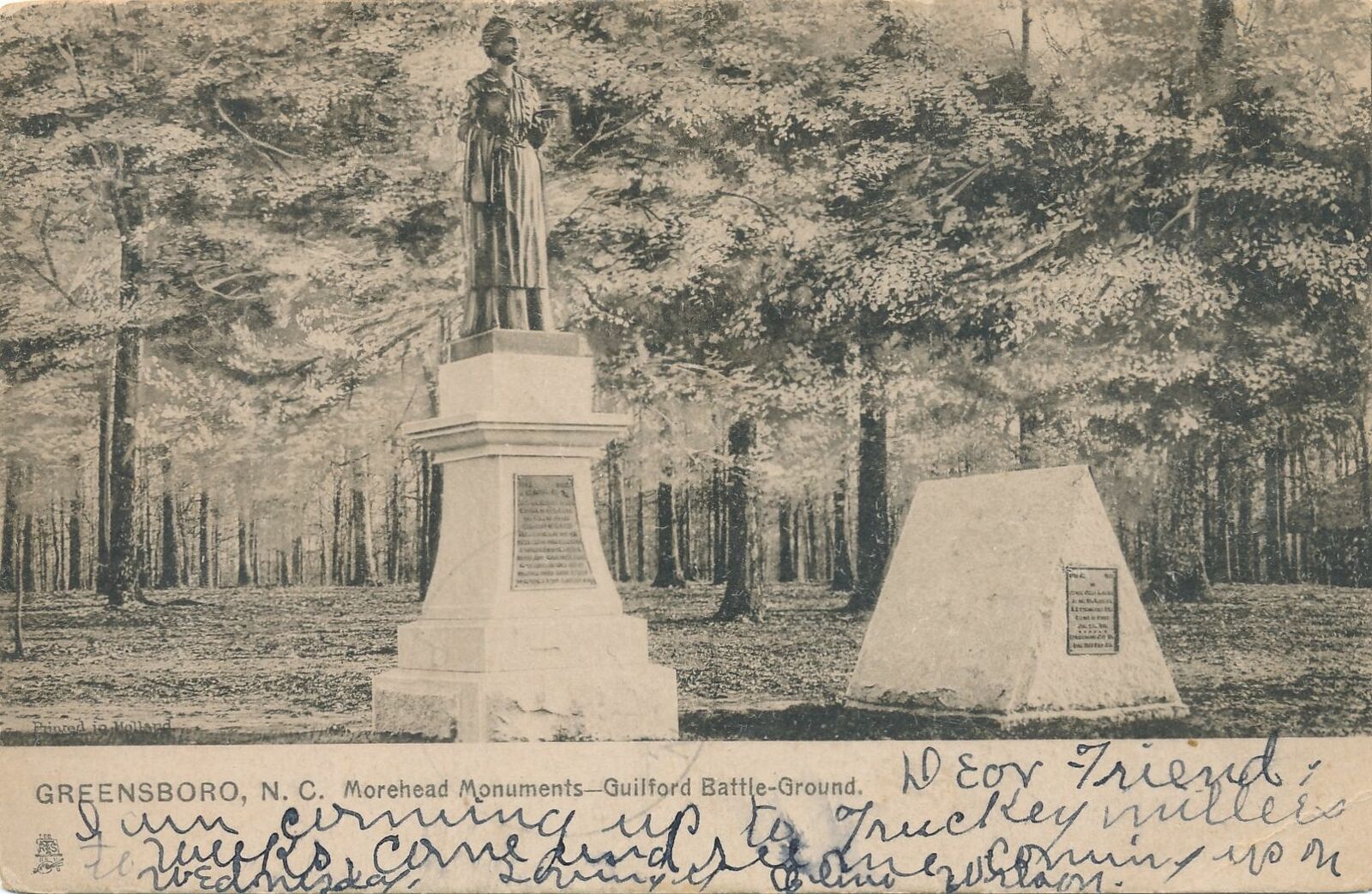GREENSBORO NC - Morehead Monuments Guilford Battle-Ground Tuck Postcard-udb-1907