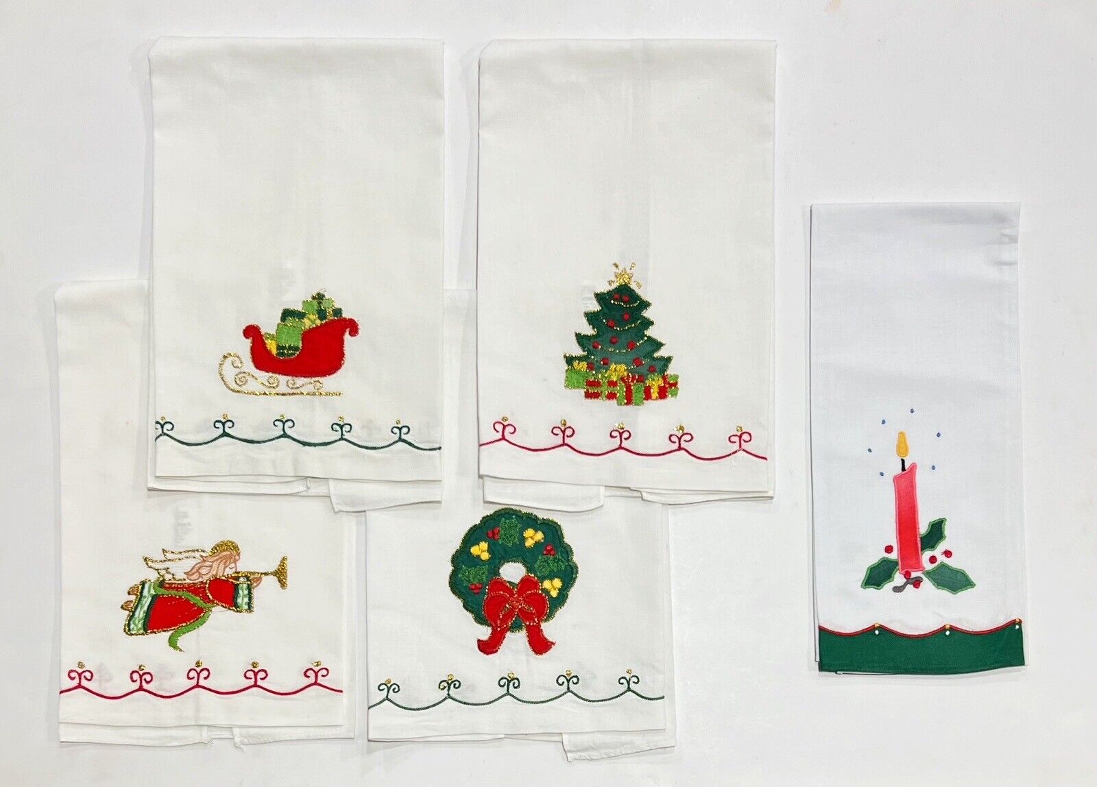 LILLIAN VERNON Christmas Applique Guest Towels (5) White Cotton ~ 1984/1995