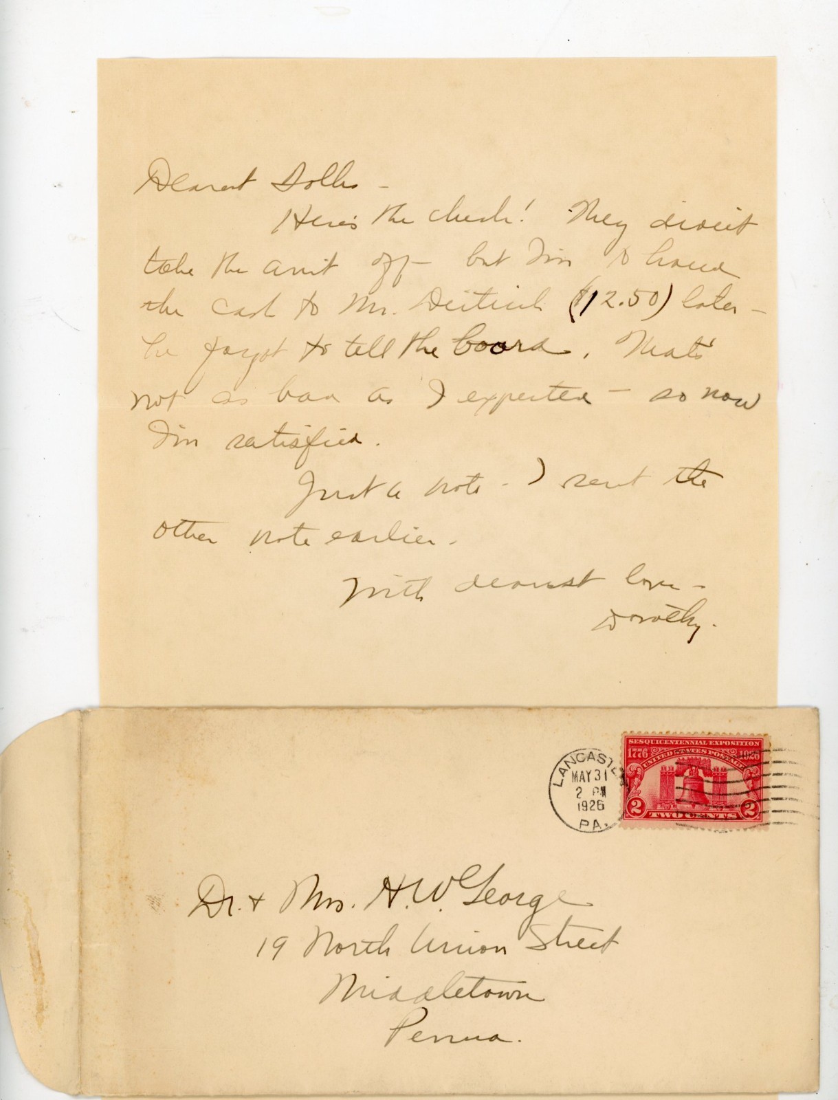 1926 Letter & Cover Lancaster PA to Middletown PA Sesquicentennial Stamp History 1926 Letter & Cover Lancaster PA to Middletown PA Sesquicentennial Stamp History