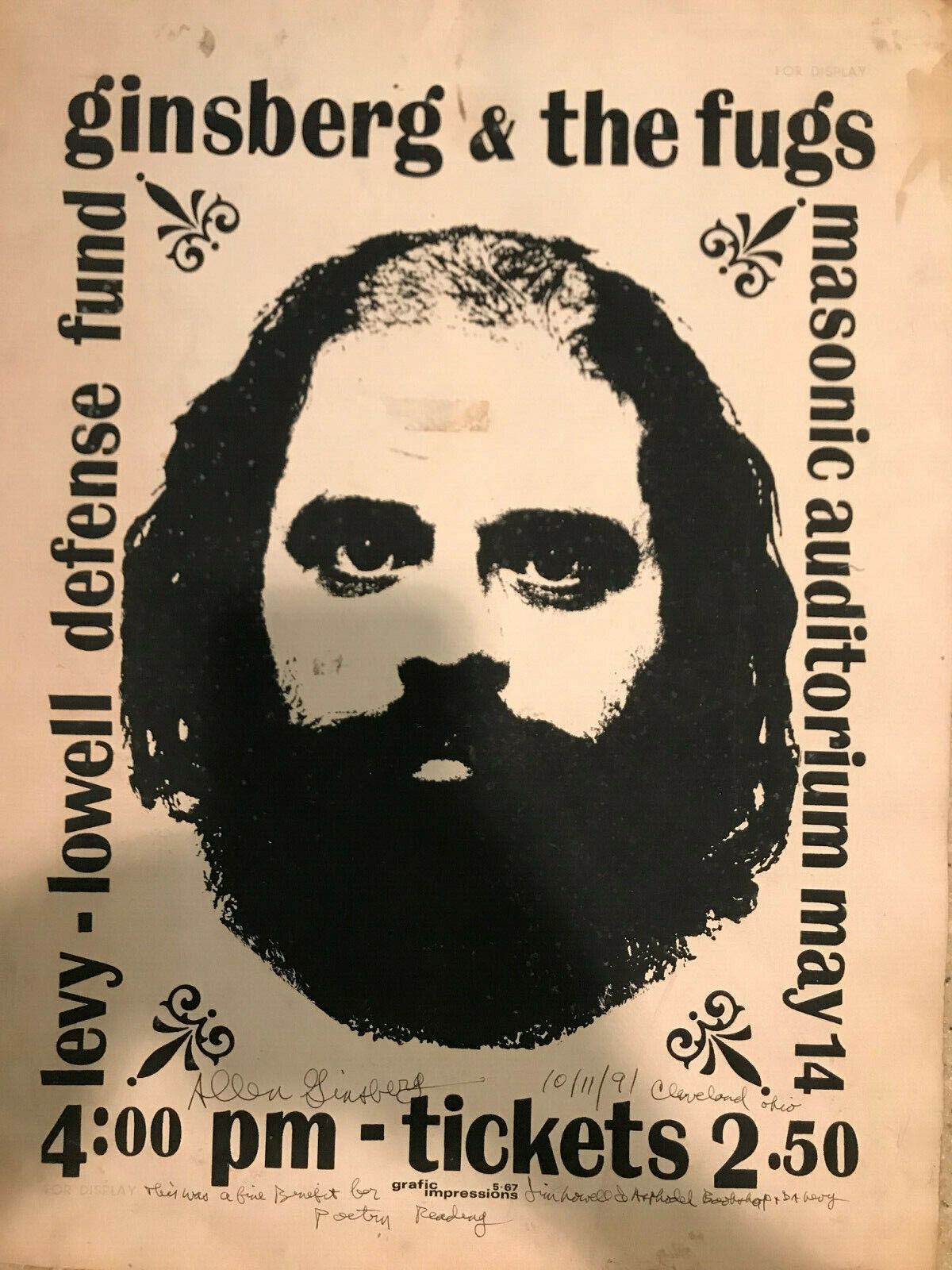 RARE. Signed Allen Ginsberg Fugs poster for Levy/Lowell Defense Fund. 1967 CLEV