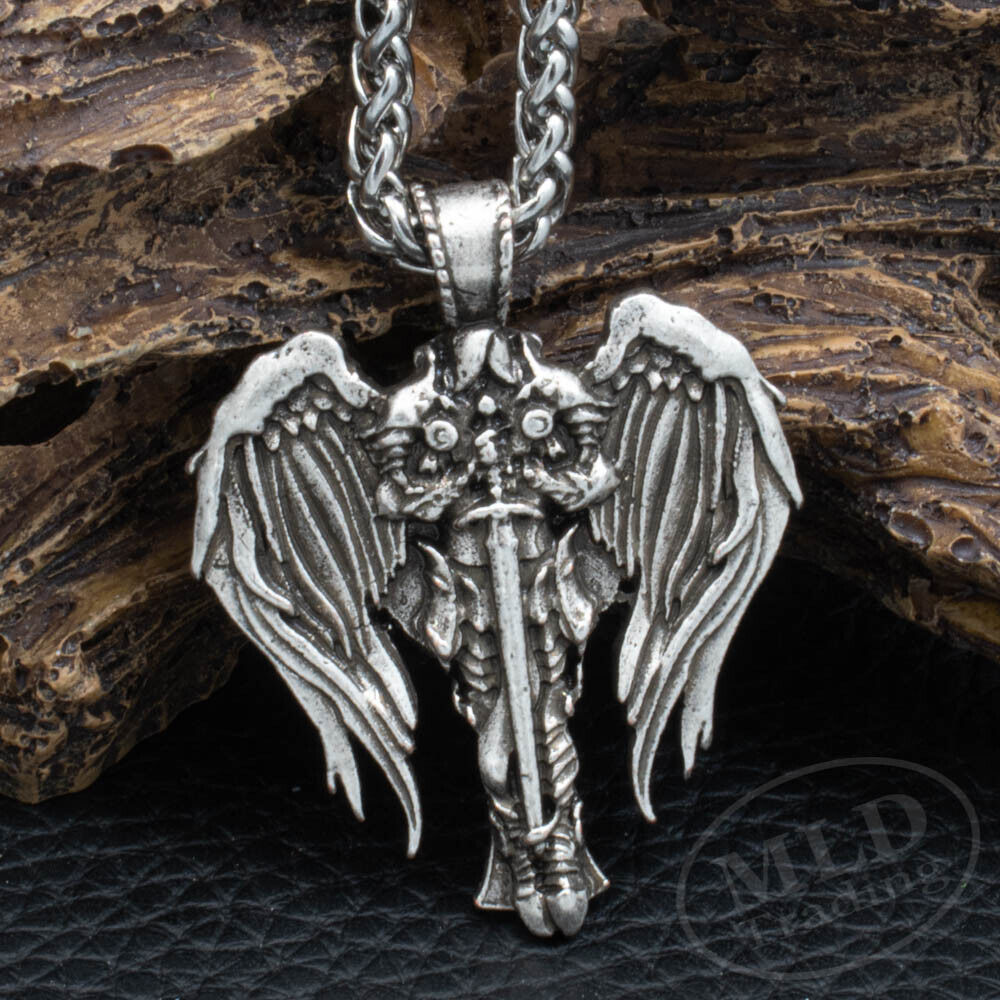 Saint St Michael Archangel Wings Cross Pendant Necklace & Stainless Steel Chain