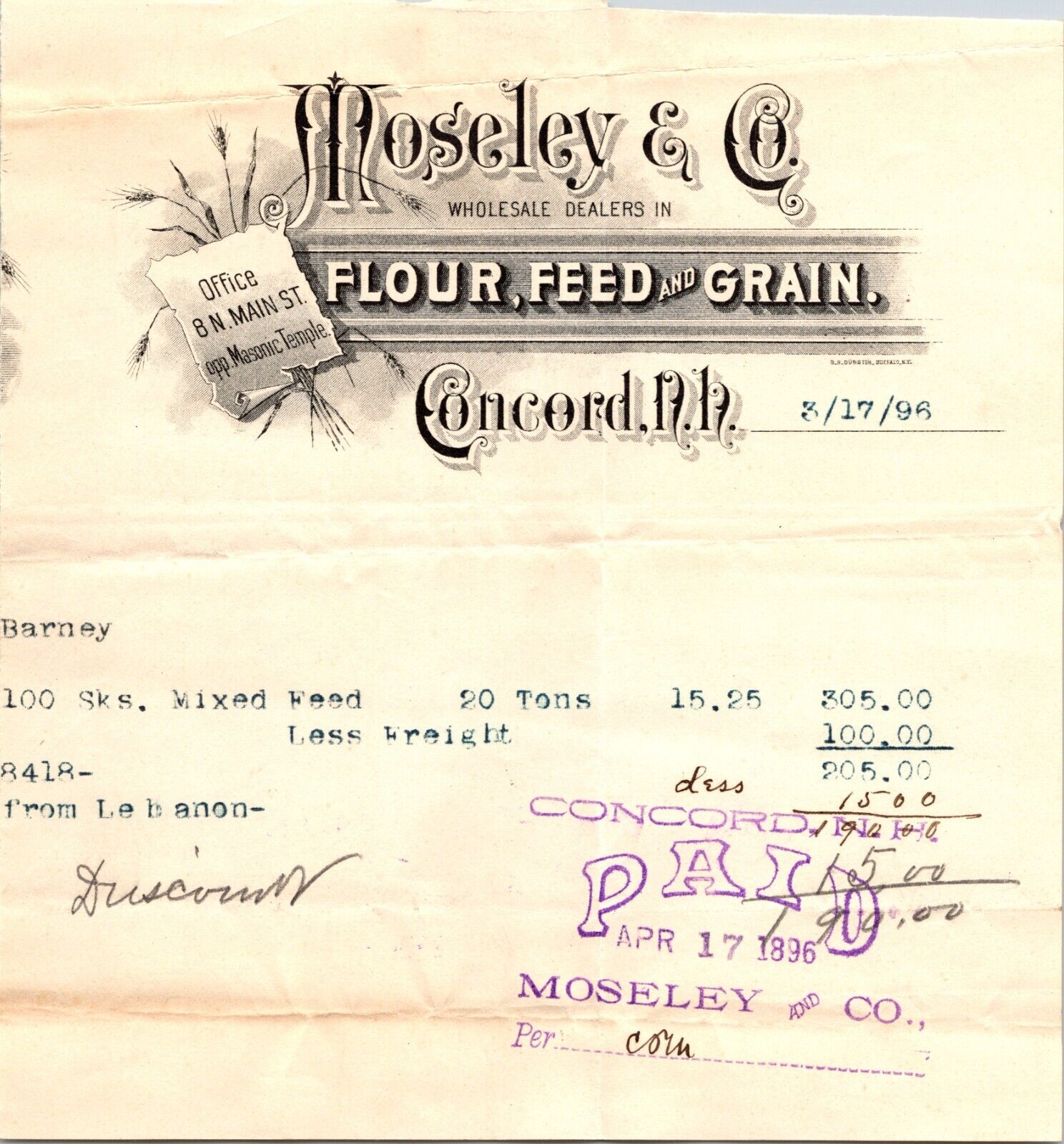 Moseley & Co Concord NH 1896 Billhead Flour Feed & Grain