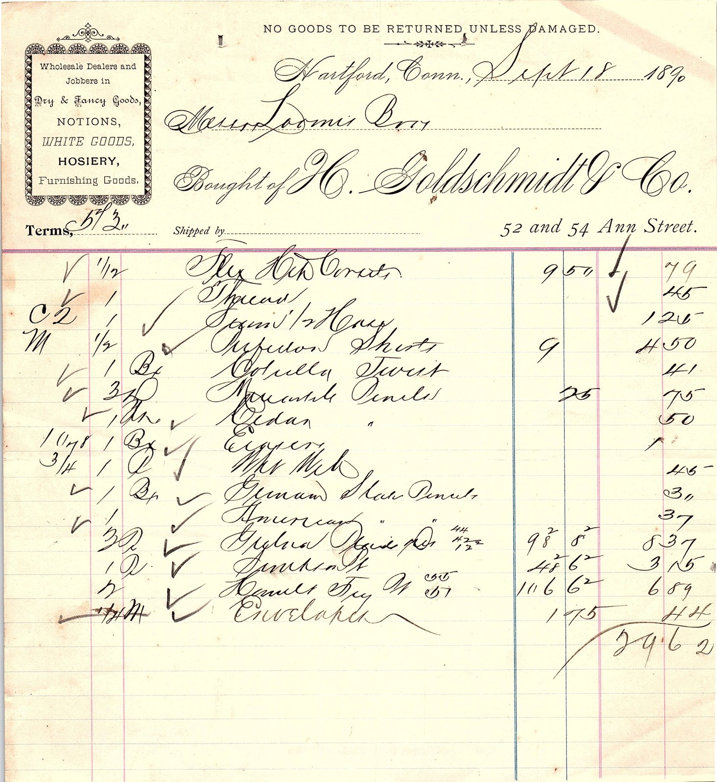 1890 Hartford CT H. Goldschmidt & Co. dry goods billhead 1890 Hartford CT H. Goldschmidt & Co. dry goods billhead